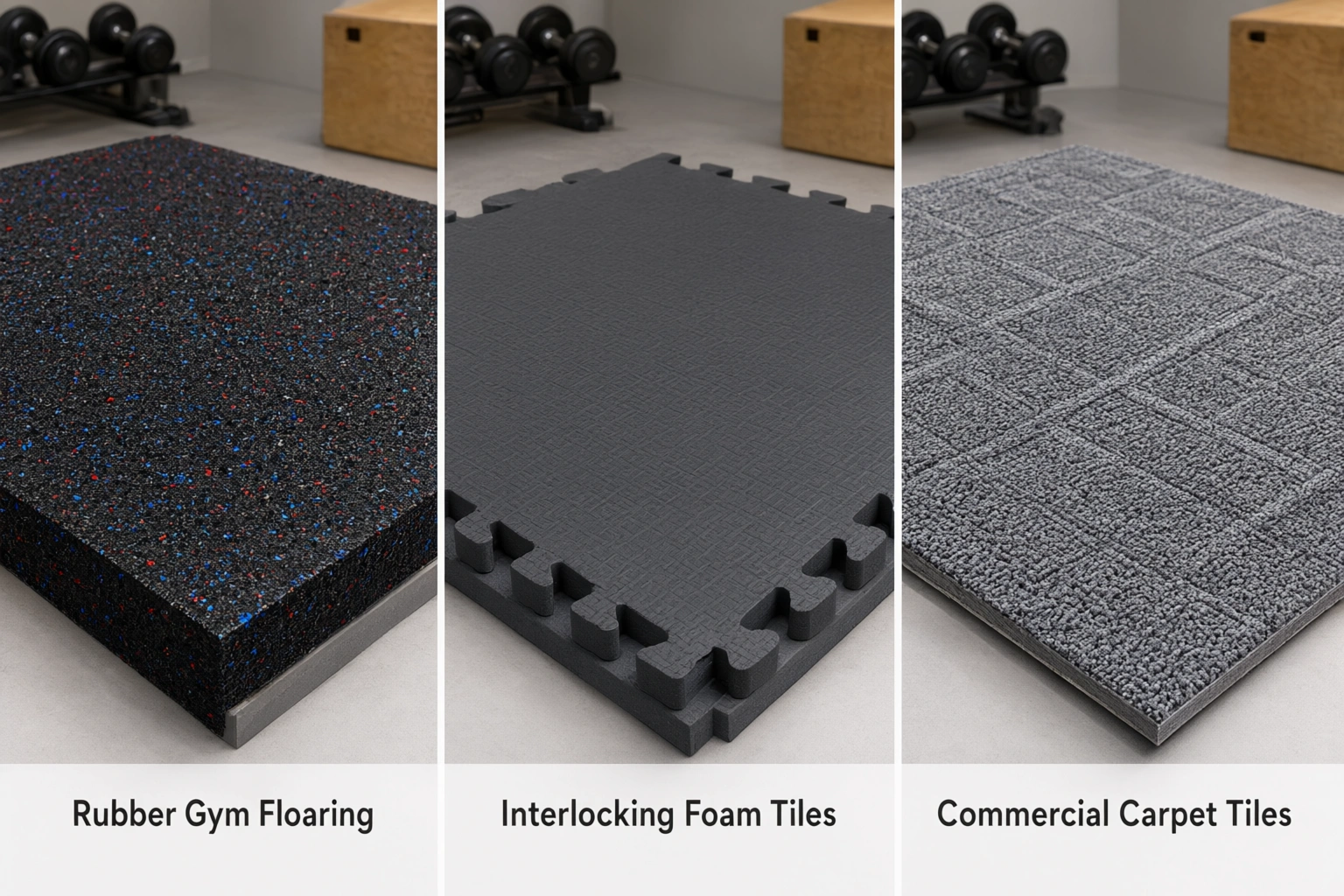 Comparison of basement gym flooring options including rubber, foam, and carpet tiles