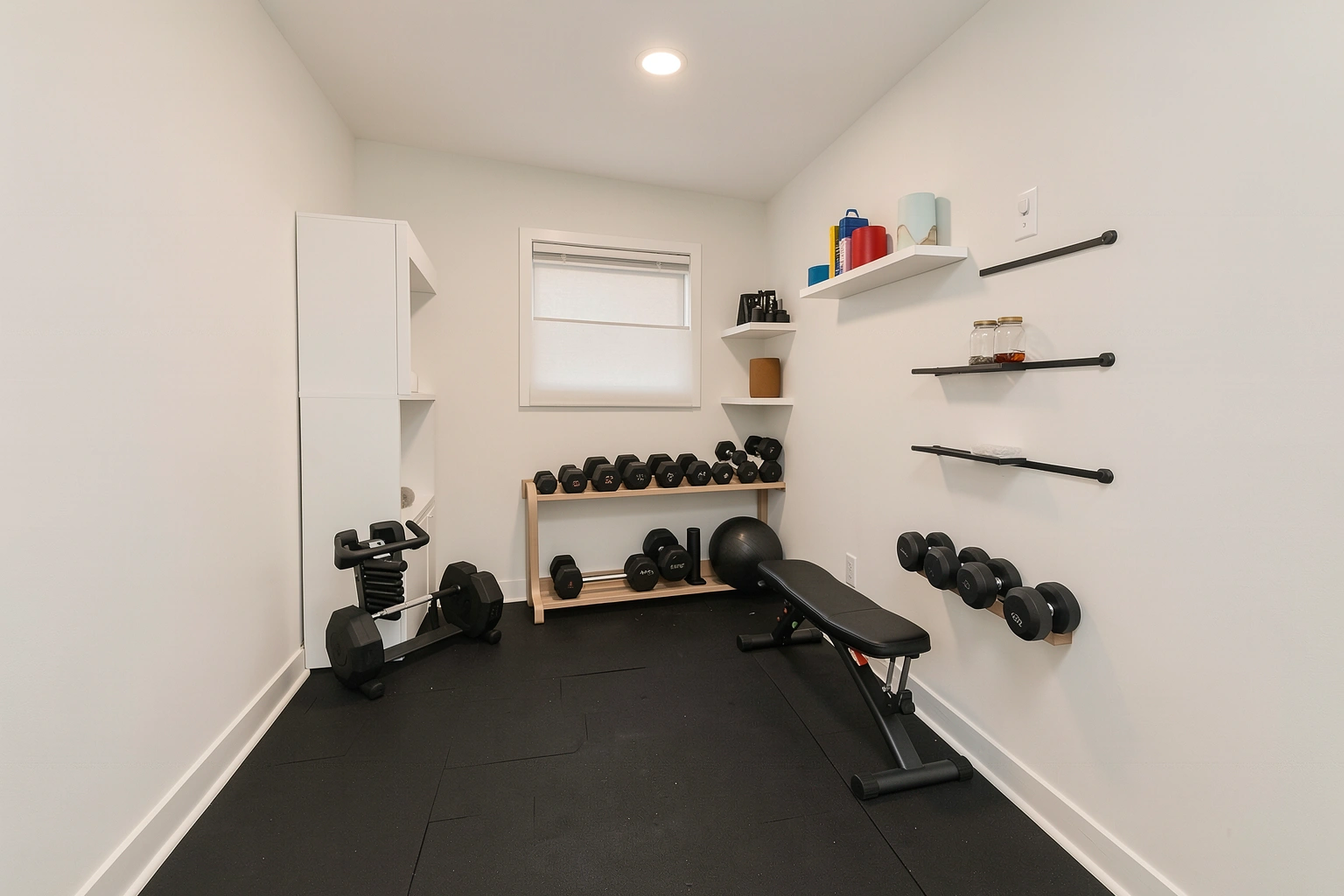 Compact home gym with storage and open walkway