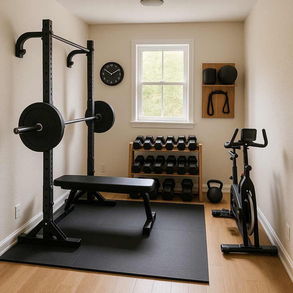 Compact home gym setup with dumbbells and a yoga mat.