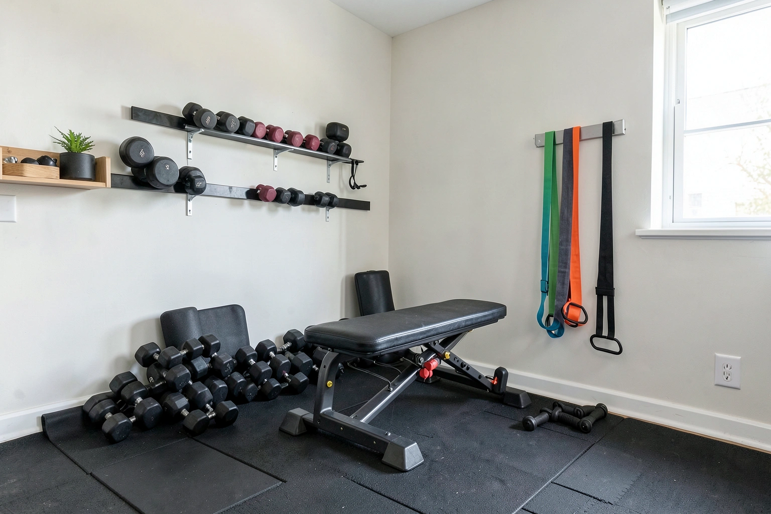Compact home gym layout with bench, dumbbells, and storage