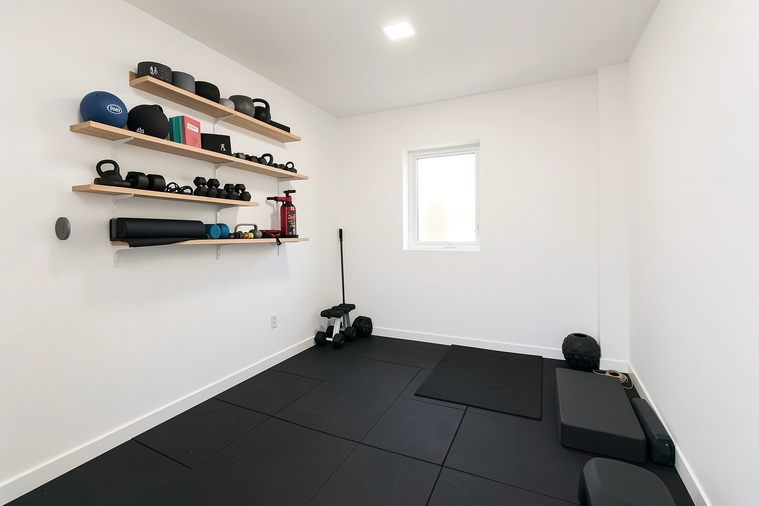 Home gym with wall storage and clear floor area
