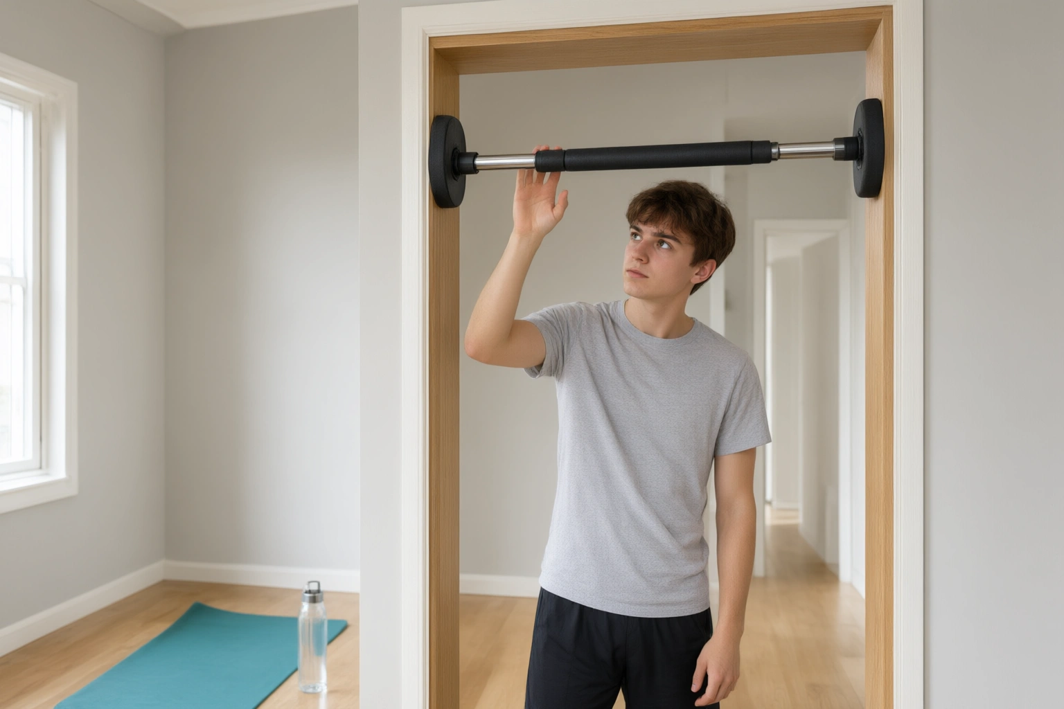 Beginner checking a doorway pull up bar for safe placement on a solid door frame