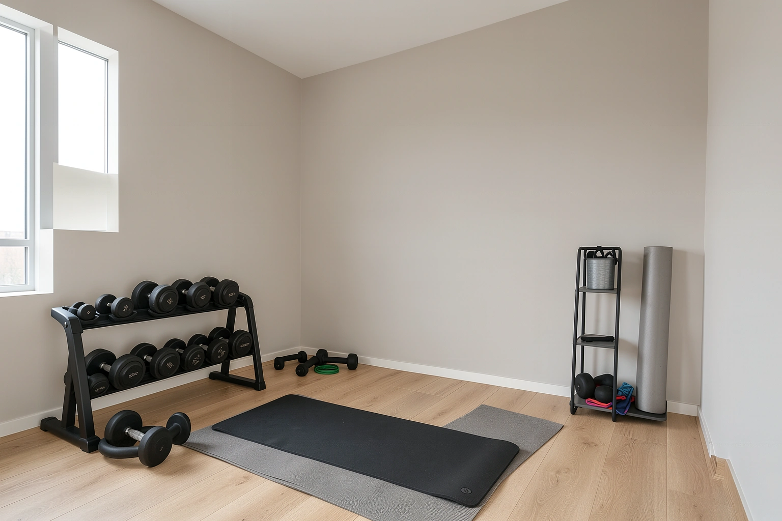 Compact home gym with dumbbells, mat, and storage