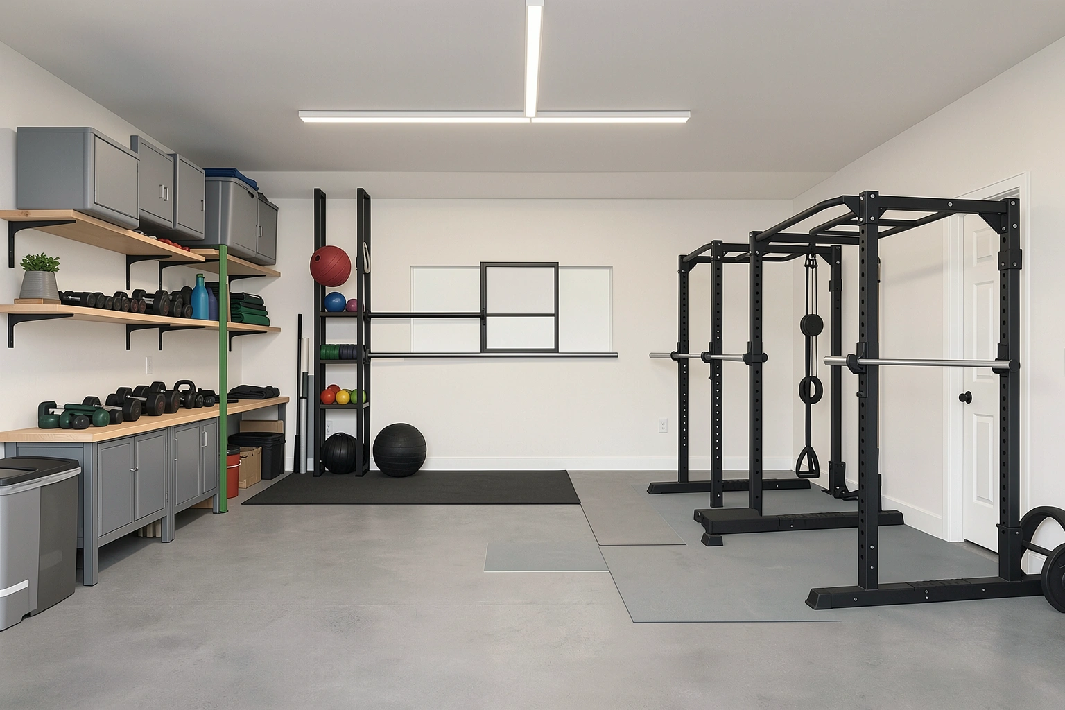 Garage gym layout plan with training and storage zones