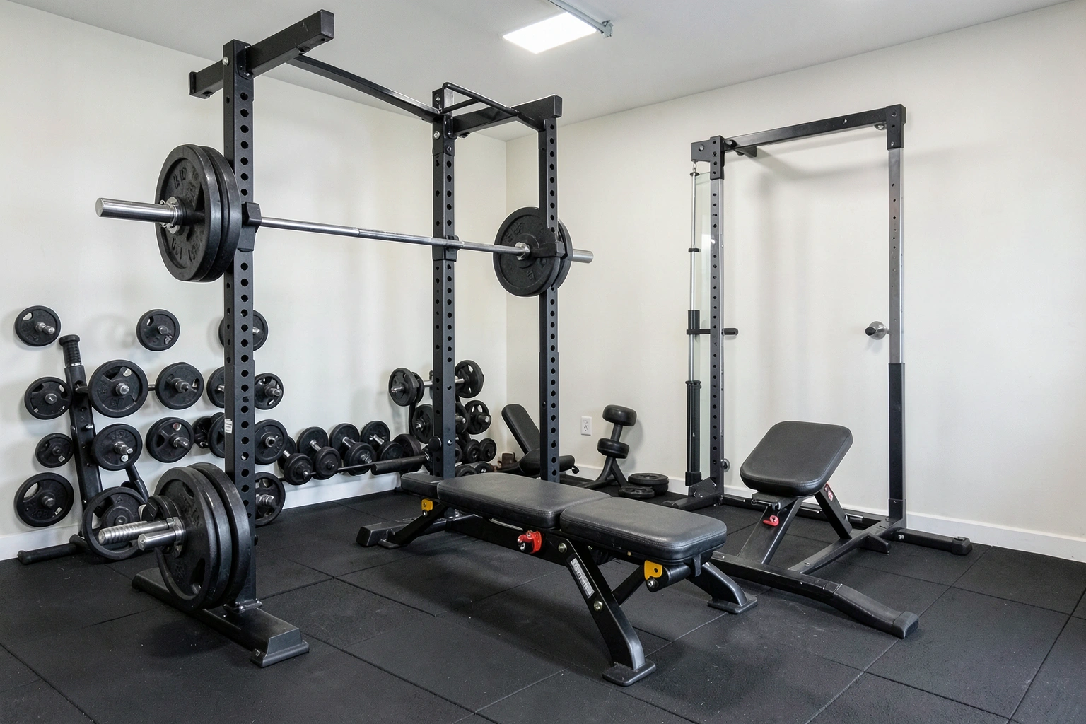 Garage home gym with power rack, barbell, plates, and bench