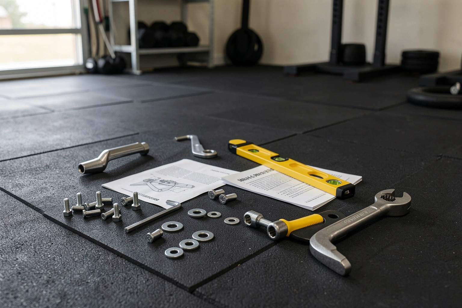 Home gym equipment parts, tools, and manual laid out on a protected floor