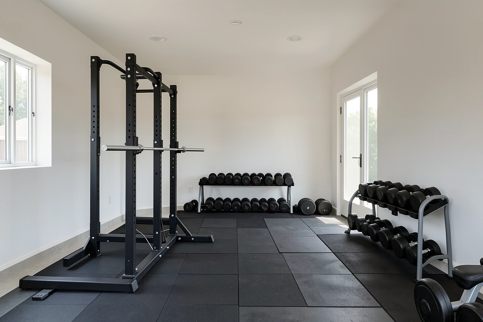 Home gym with clear floor space around rack and bench