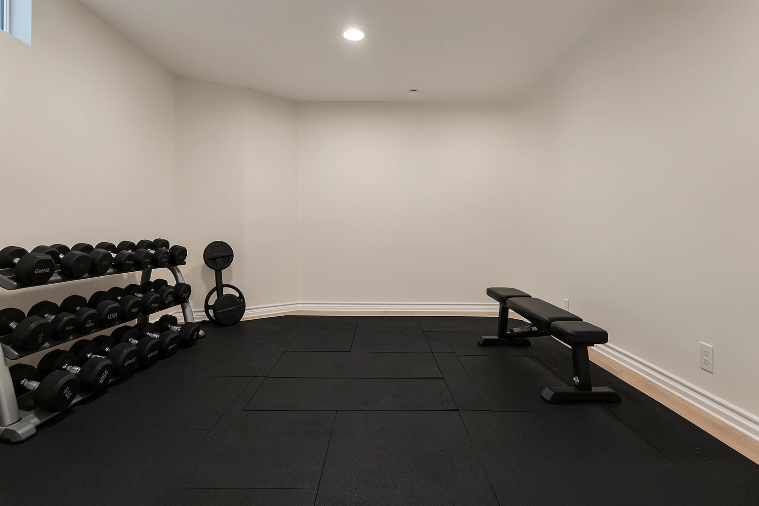 Home gym with rubber flooring, dumbbells, and organized storage