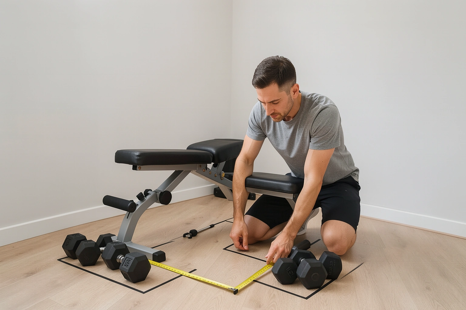 Beginner planning a home gym layout with a tape measure