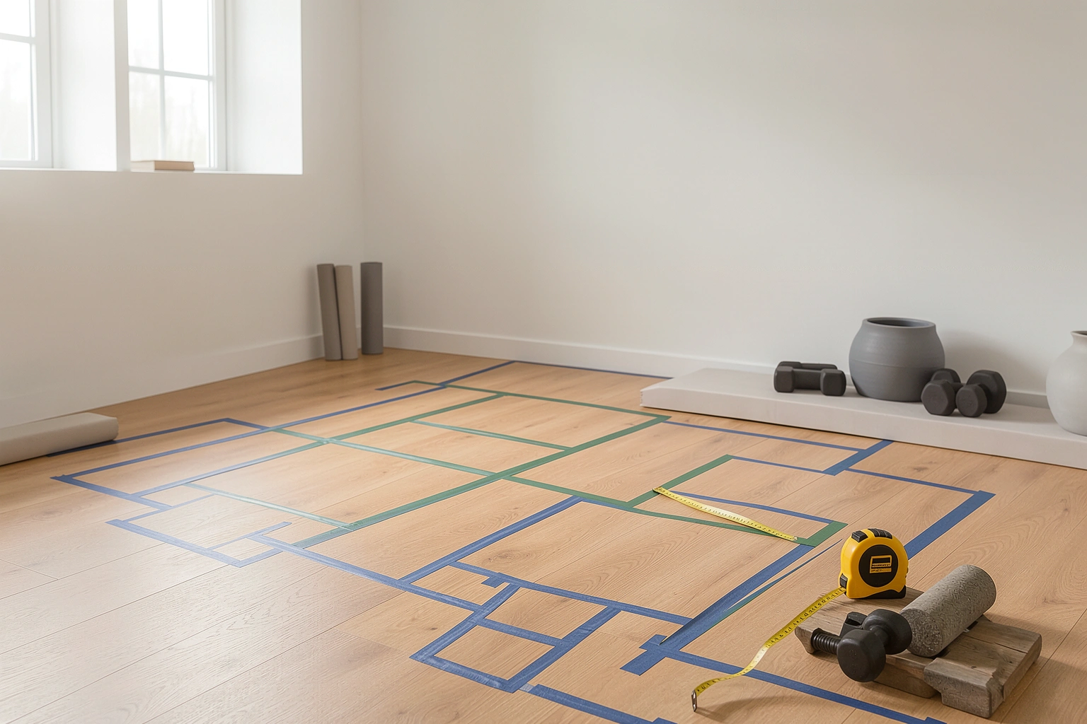 Home gym layout planning with floor tape and measurements