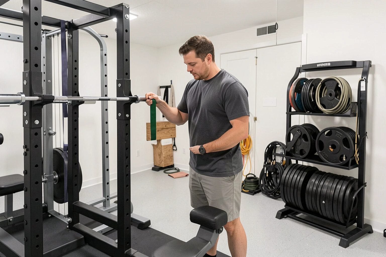 Home gym equipment inspection and organized storage checklist scene