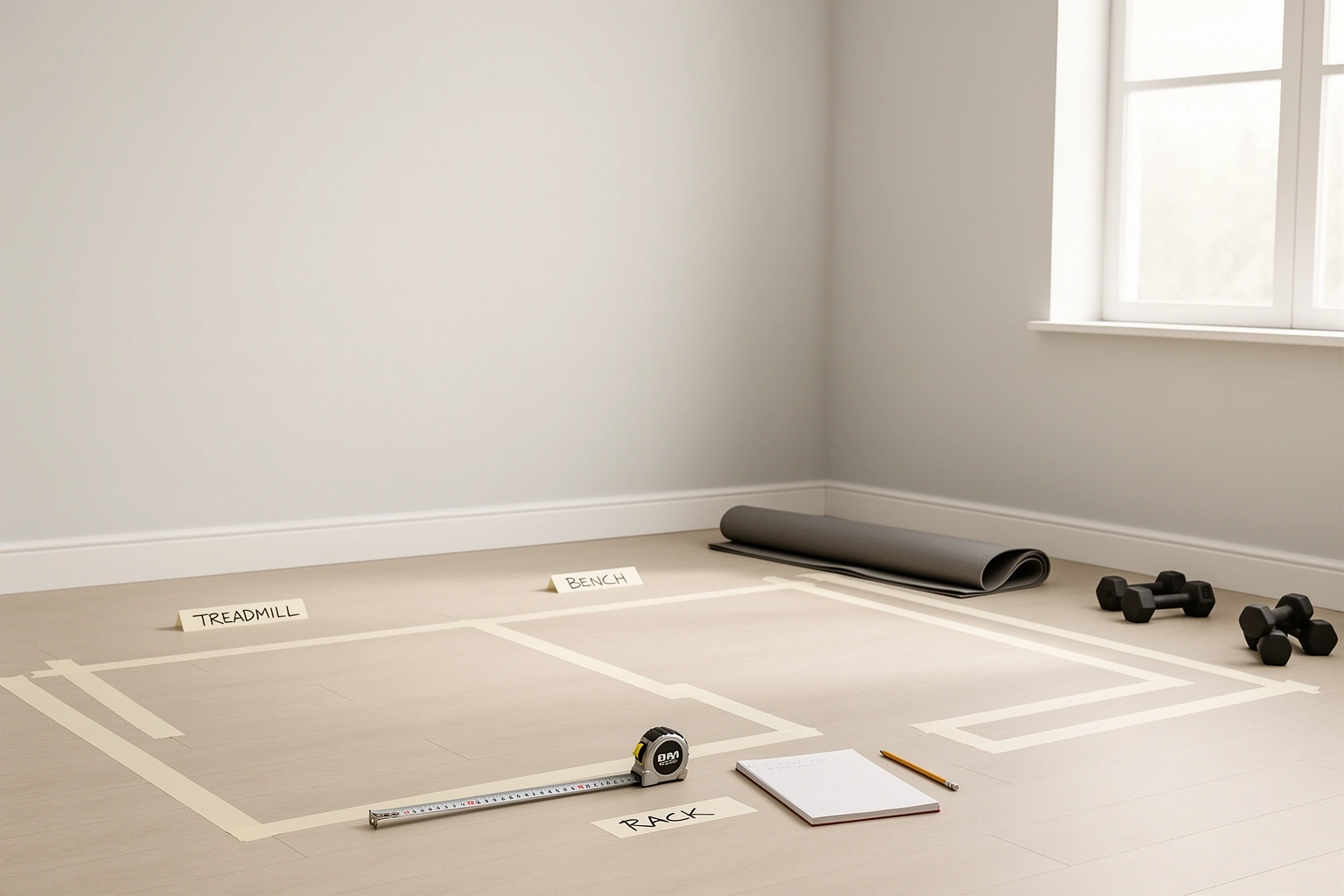 A homeowner measuring a spare room for a home gym layout