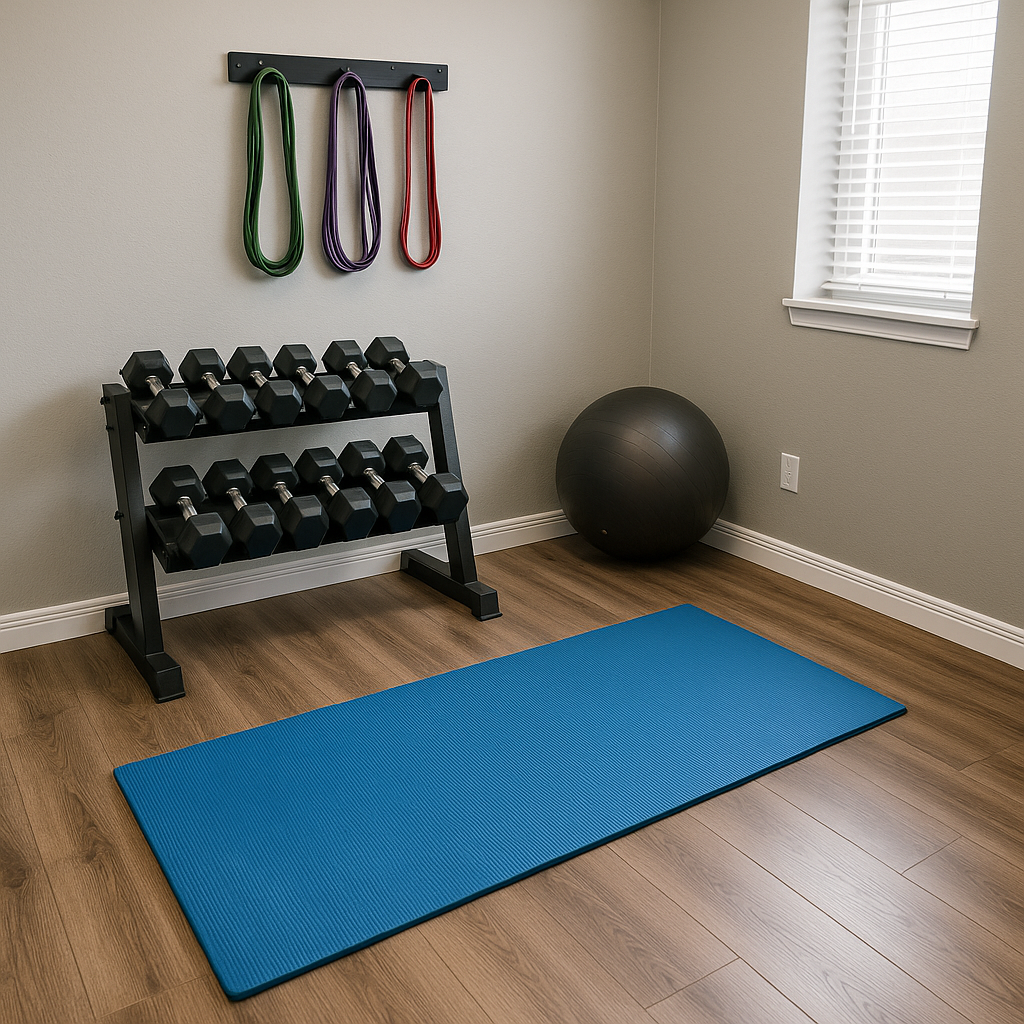 Beginner home gym setup with essential equipment.