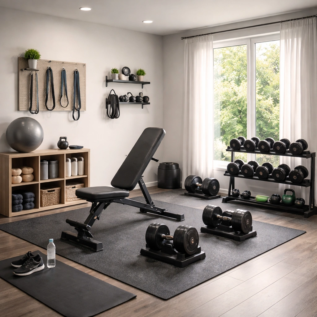 Couple-friendly home gym layout with adjustable dumbbells, bench, and storage