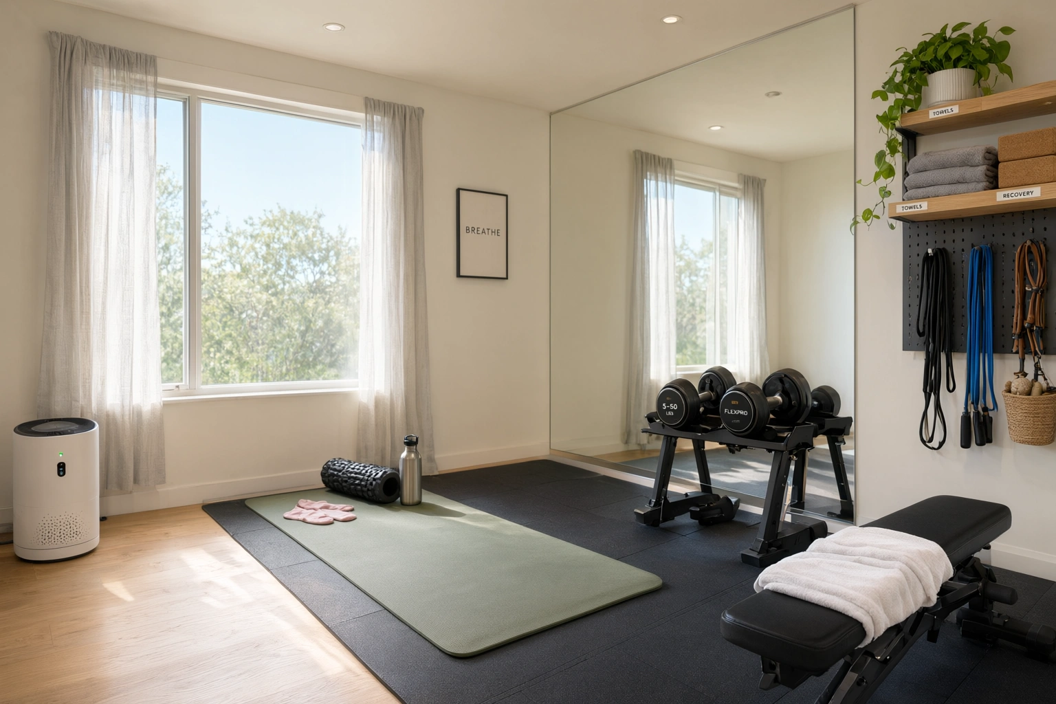 Small home gym setup in a spare room with mat and dumbbells
