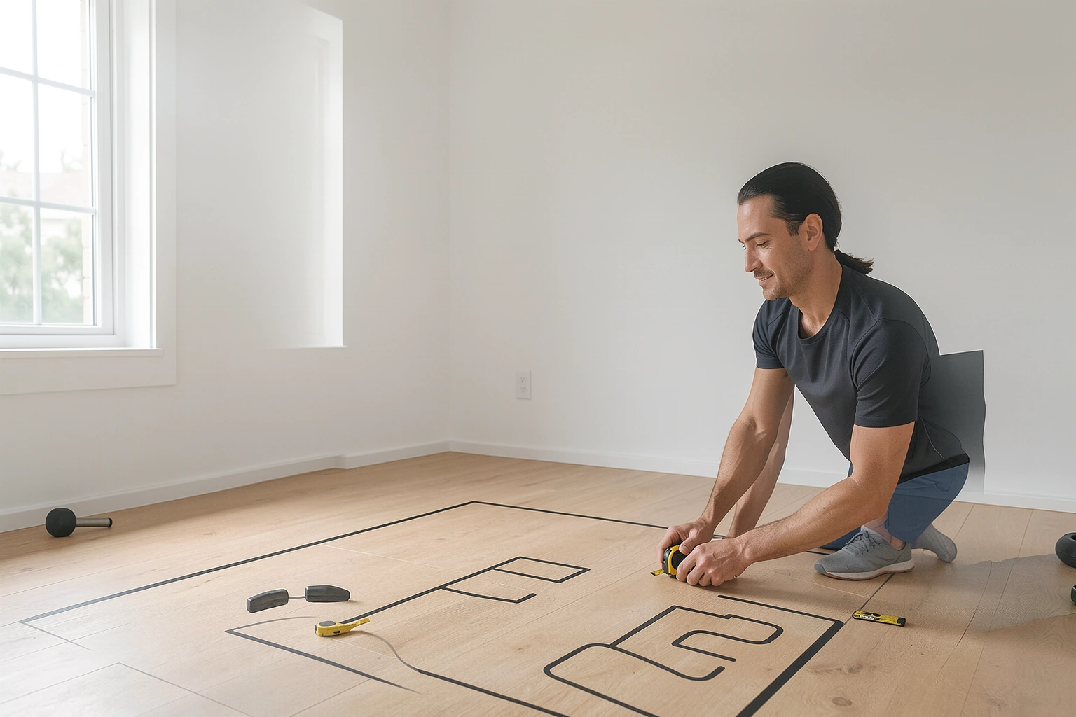 Person measuring a room for a home gym layout