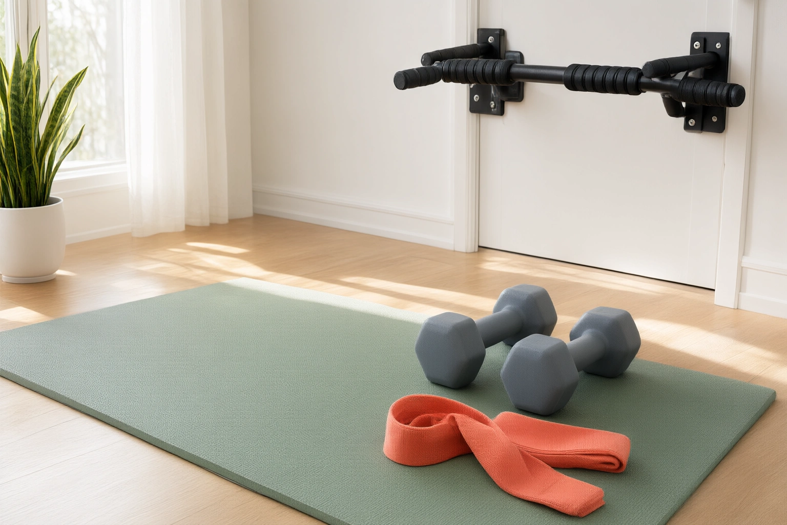 Beginner home strength training setup with bodyweight and basic equipment
