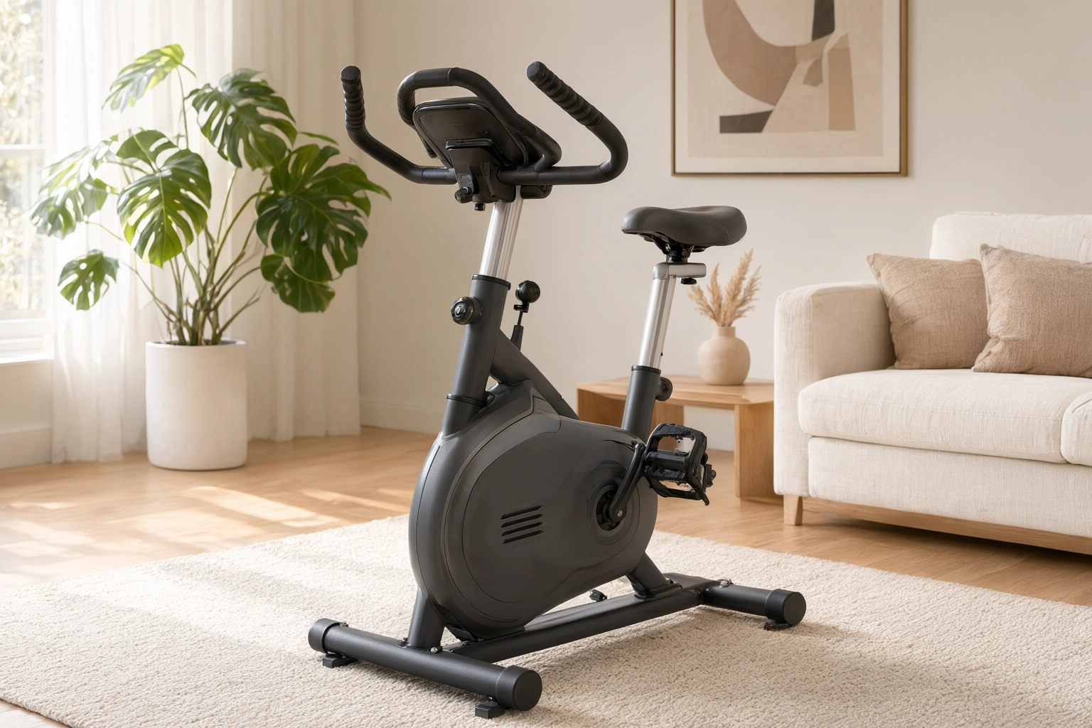 Compact exercise bike in a home living room