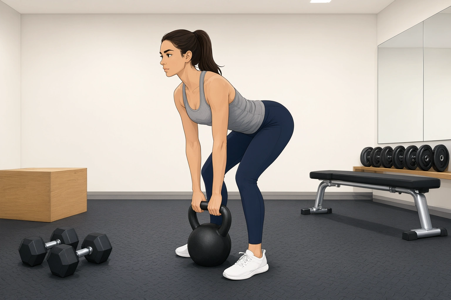 Beginner kettlebell hinge position with neutral spine and bell between the feet