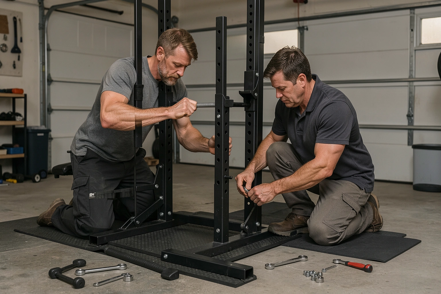 Two people assembling a power rack and checking it with a level
