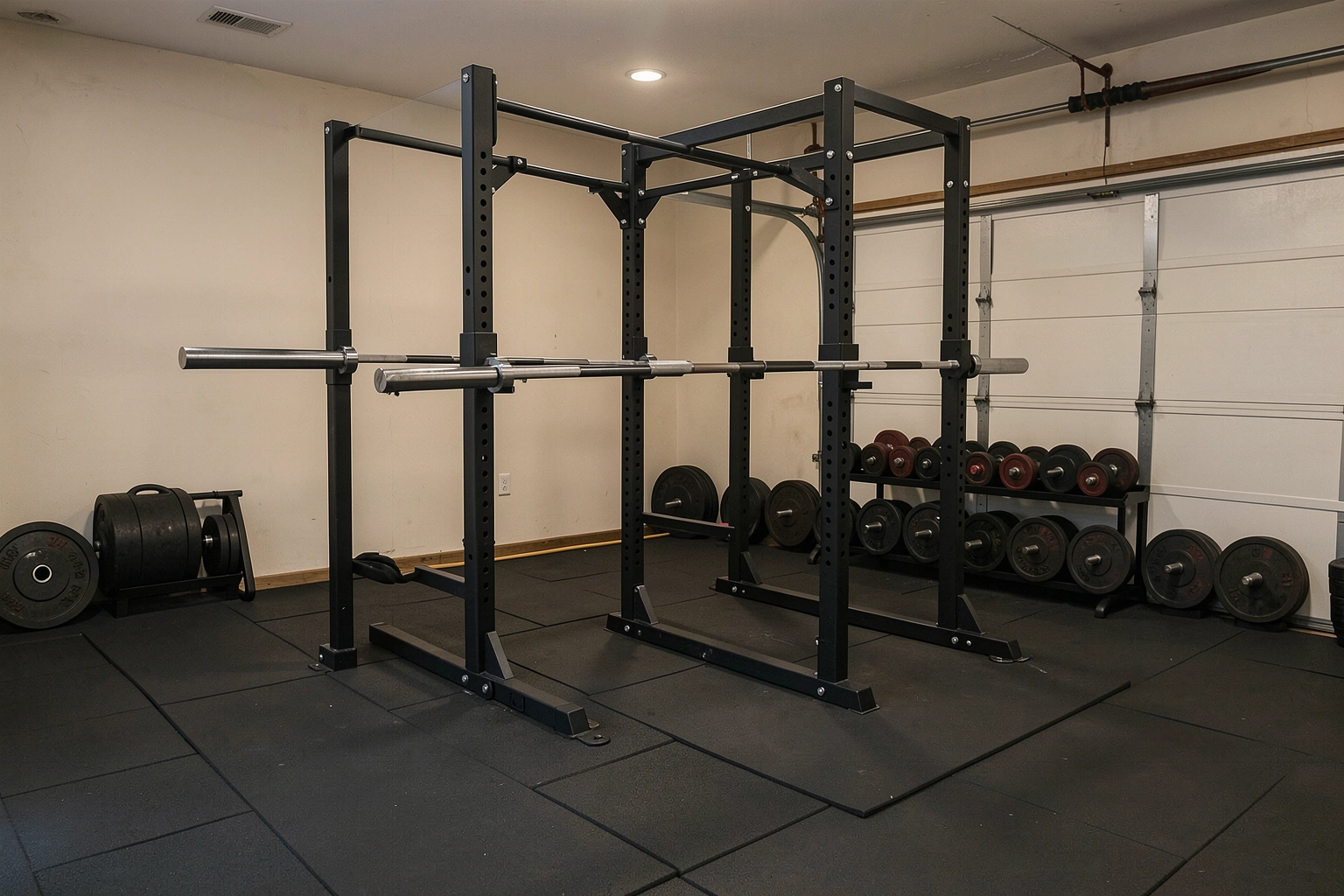 Power rack on rubber flooring with safety bars installed
