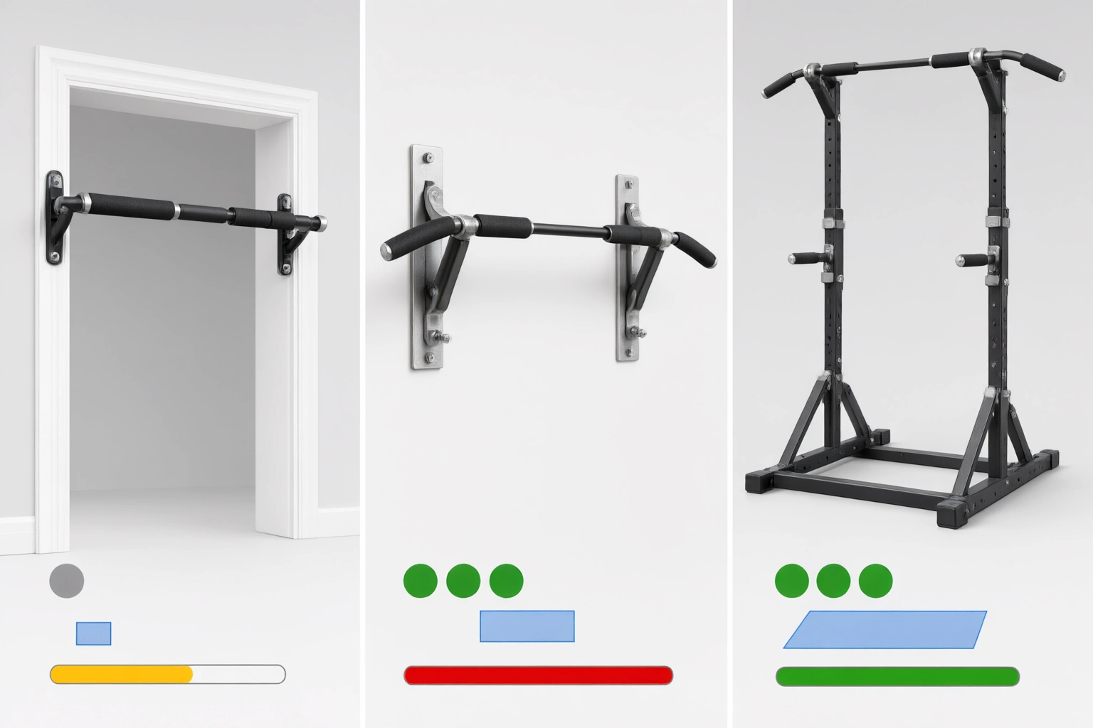 Comparison of doorway, wall-mounted, and freestanding pull-up bar options for a home gym