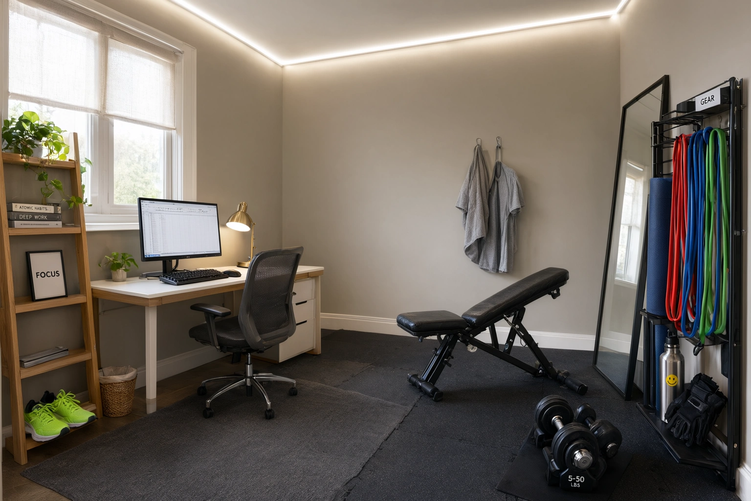 Renter-friendly office to gym conversion with foldable equipment and freestanding storage