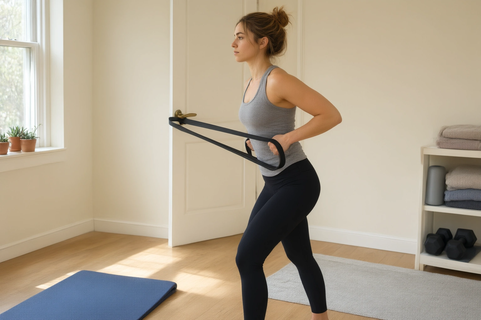 Beginner using resistance bands in a small home gym