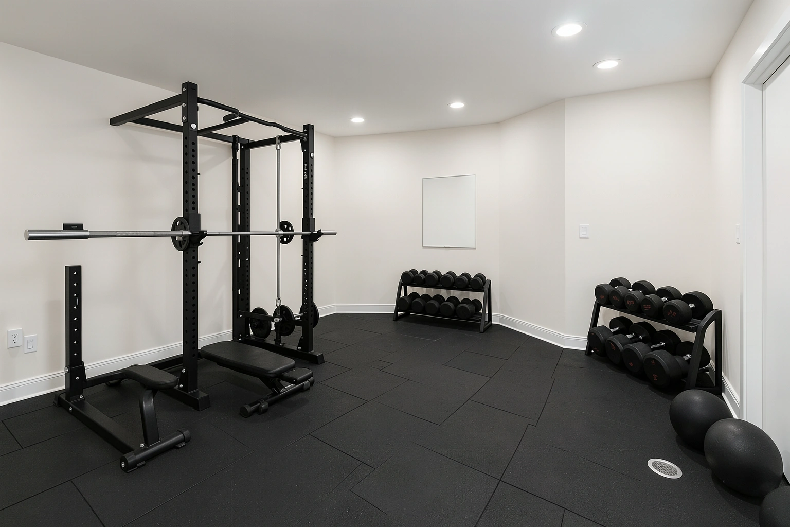 Organized home gym with clear walkways and safe equipment spacing