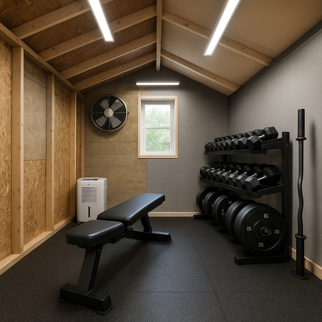 Rubber flooring, ventilation fan, and dehumidifier in a shed gym