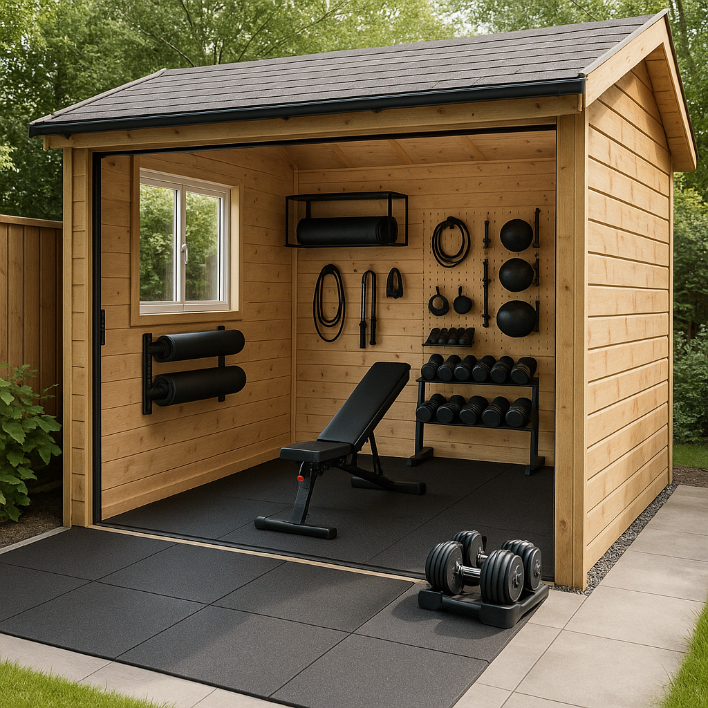 A shed interior planned as a home gym with open floor space and compact equipment