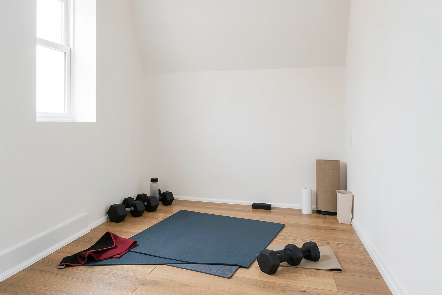 Beginner home gym setup with mat, dumbbells, and resistance bands