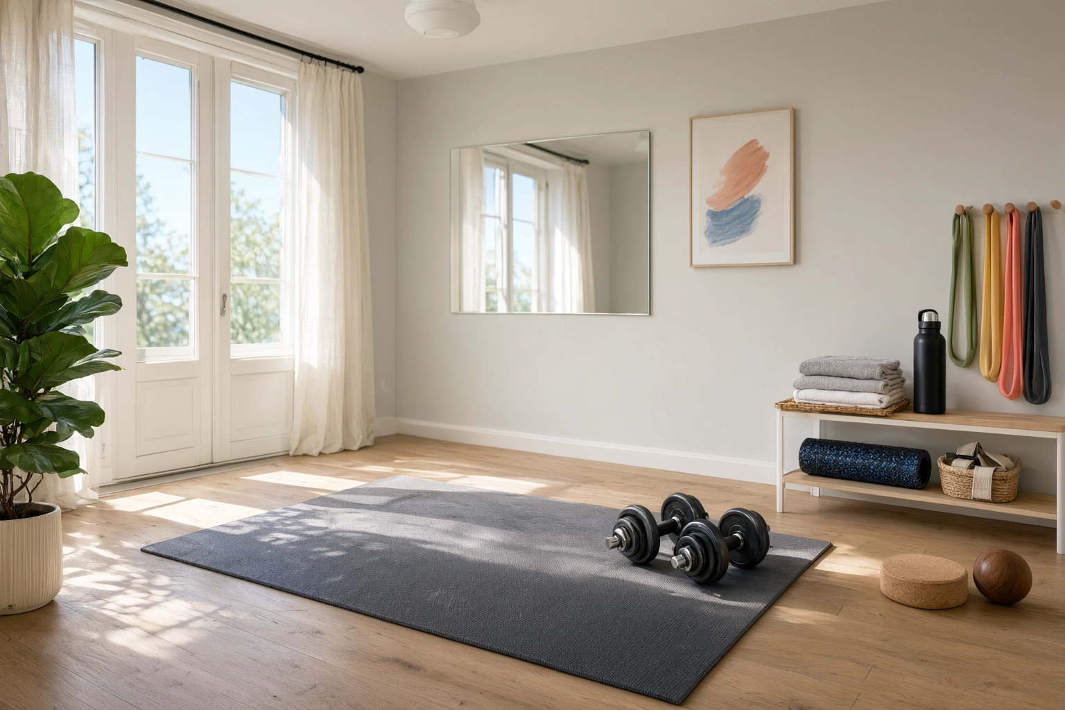 Beginner home gym corner with mat, dumbbells, and resistance bands