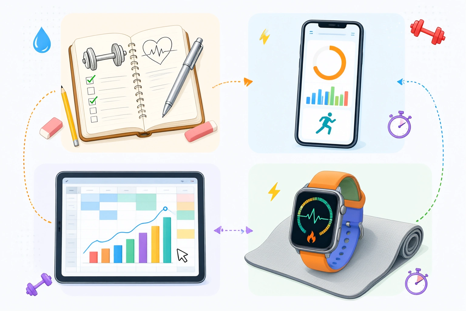 Comparison of notebook, fitness app, spreadsheet, and wearable tracker for workout progress